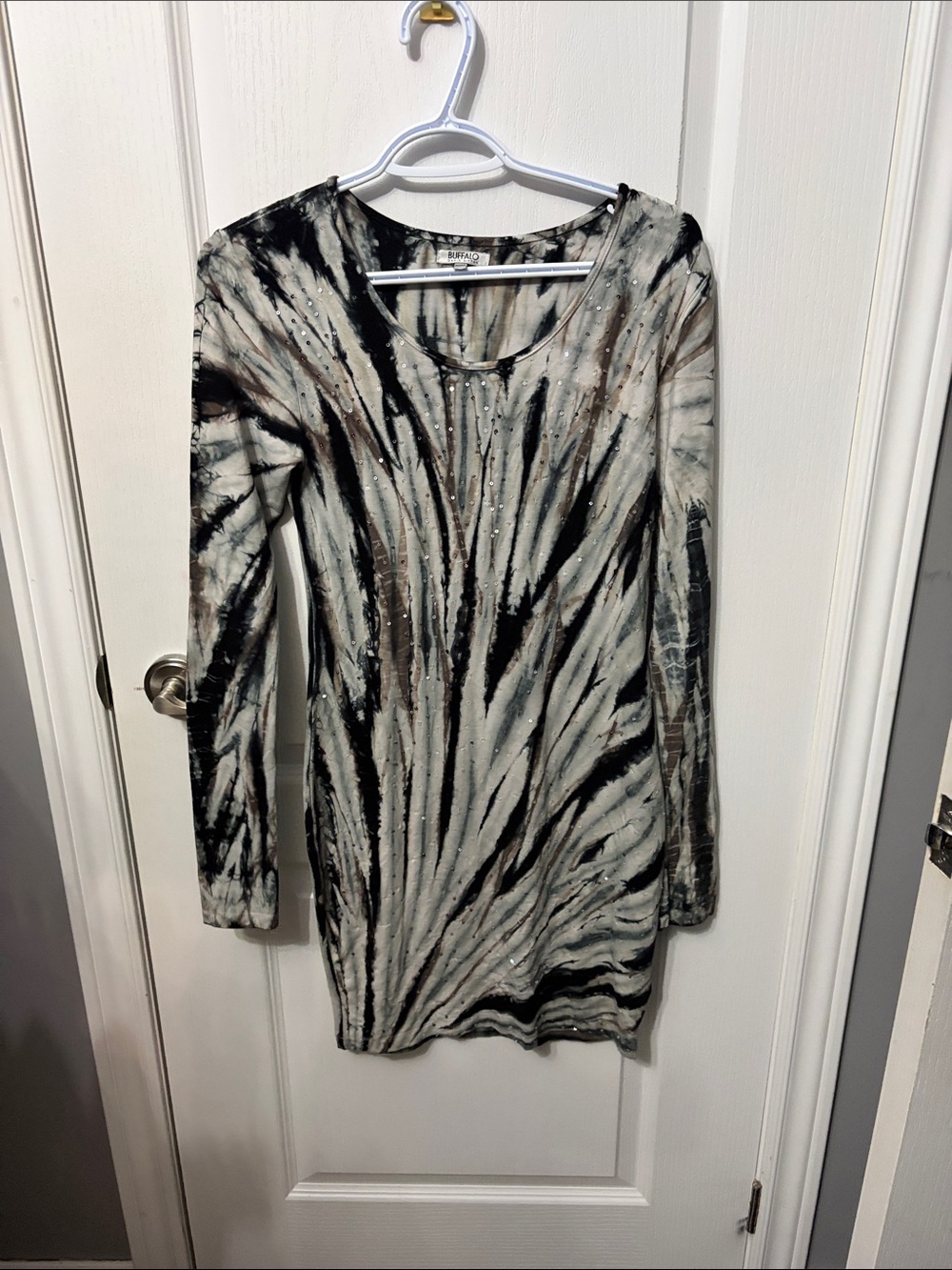 Buffalo David Bitton Long Sleeve Tie-Dye Midi Dress - Black & Cream